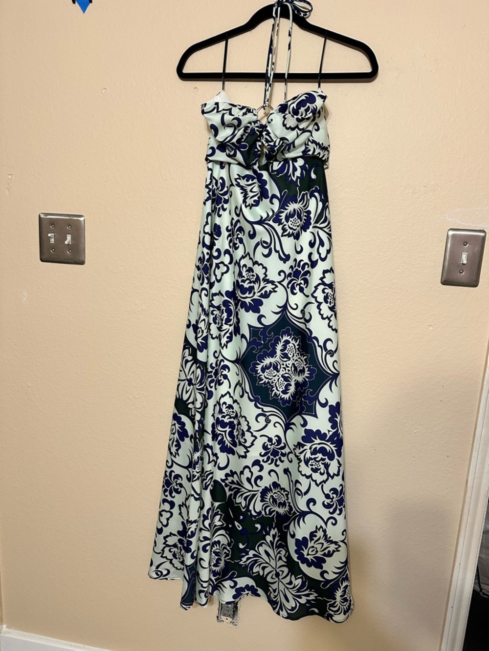 ANTHROPOLOGY Strapless Maxi Dress in Mint and Navy Floral Print